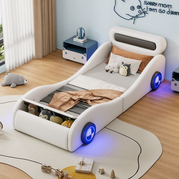 MODFU Kinderbett Autobett mit LED-Rädern (Einzelbett, Polsterbett mit LED-Rädern und Stauraum, 90x200cm), ohne Matratze