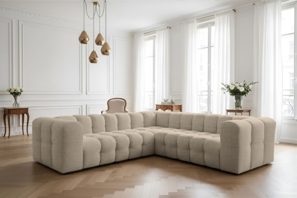 Ecksofa Designersofa SOLVIE XS in Stoff Moly Beige Seite Universal