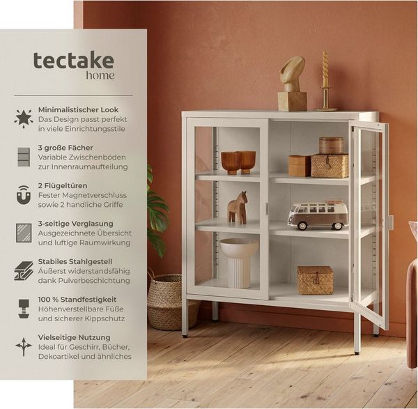 tectake Lowboard Metallvitrine, Kippschutz, höhenverstellbare Füße, 80 x 37 x 90,5 cm (Glasvitrine Baker, in taupe), Glastüren mit Magnetverschluss, verstellbare Zwischenböden, Stahl