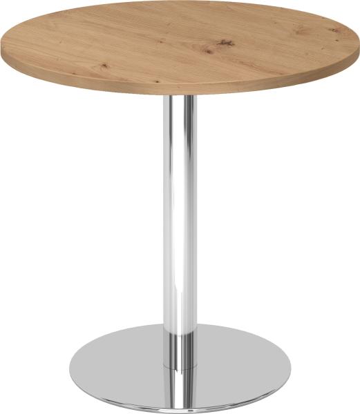 bümö Besprechungstisch, Esstisch klein, Tisch rund 80 cm - kleiner Esstisch Asteiche, Rundtisch Esstisch 2 Personen mit Holz-Platte, Säule aus Metall verchromt, Konferenztisch, Bistrotisch, STF08-R-C