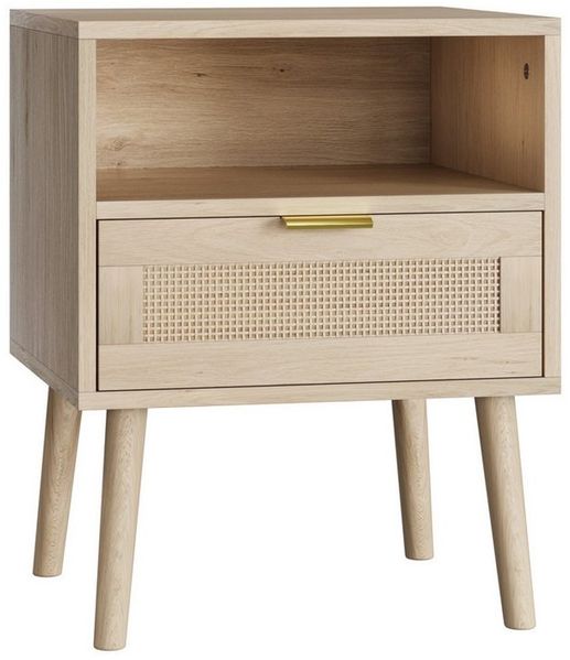 REDOM Nachttisch Kommode,Nightstand (Vine Bohème Nachttisch aus Rattan, mit Goldgriff, offenem Regal und robuster MDF-Struktur – Ideal für Schlafzimmer, Wohnzimmer und Home Office, Leicht zu pflegen und vielseitig einsetzbar, 1-St, 45 x 40 x 55 cm), mi...