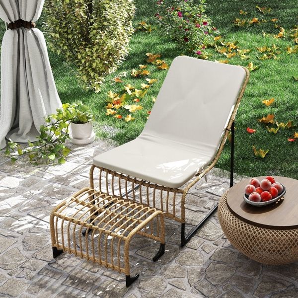 Stuhl 65x93x80 cm, armloser Lounge-Stuhl mit Fußhocker, PE-Rattan, Cream White, ergonomisch gepolstert