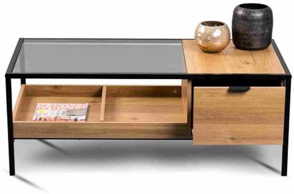 Couchtisch >Mandurah 2< Schublade, Ablage, Eiche Dekor, Metall + MDF - 110x42x55cm (BxHxT)