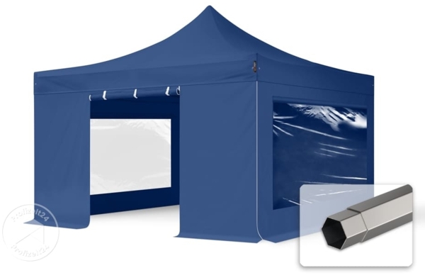 Toolport 'Premium' Faltpavillon, Seitenteile mit Panoramafenstern, Stahl blau, 4x4 m