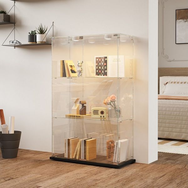 FUROKOY Glasvitrine Standvitrinen, Vitrine aus gehärtetem Glas (Set, 1-St, Vitrinenschrank mit 2 Glastür und Beleuchtung für Sammler, Bücher) Schwarz 3 Lagen Sammlervitrine