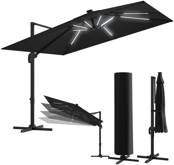 STEELSØN 'Lyrion' Sonnenschirm LED Solar 300x300 cm quadratisch, neigbar und 360-Grad drehbar, schwarz, Ampelschirm inkl. Abdeckung, UV50+