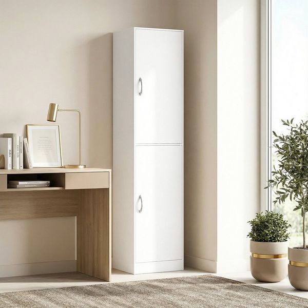 HOMCOM Bücherregal mit 2 Türen, verstellbaren Ablagen, Standregal 1-tlg, 40 x 35 x 180 cm für Büro, Wohnzimmer, Schlafzimmer, Weiß