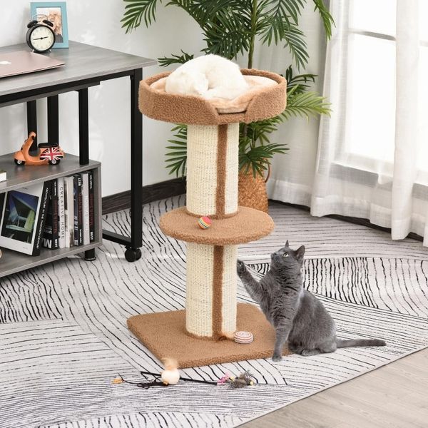 Katzenkratzbaum 45x45x91 cm mit Sisalstämmen, Sitzplattform und Kissen in Hellbraun