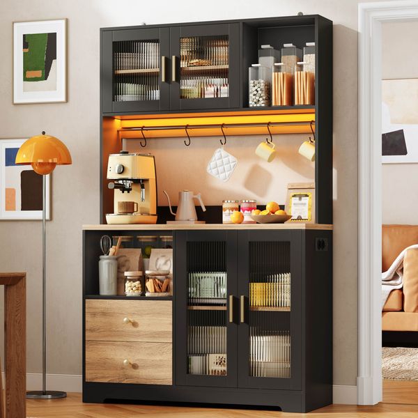 Merax 178 cm Küchenschrank, Hochschrank mit LED, Küchenregal mit Steckdose, Vitrine mit Türen aus gehärtetem Glas, Weinregal, Schwarz