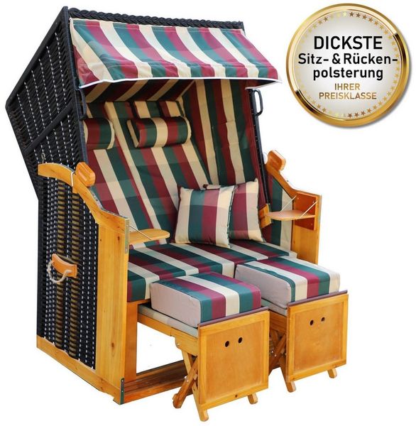 BRAST Strandkorb für 2 Personen, 120cm breit, 5 Designs, BxTxH: 120x79x150 cm, Volllieger, Rügen Deluxe, (verstellbare Rückenlehne weiches Fußkissen), inkl. wetterfeste Abdeckhaube