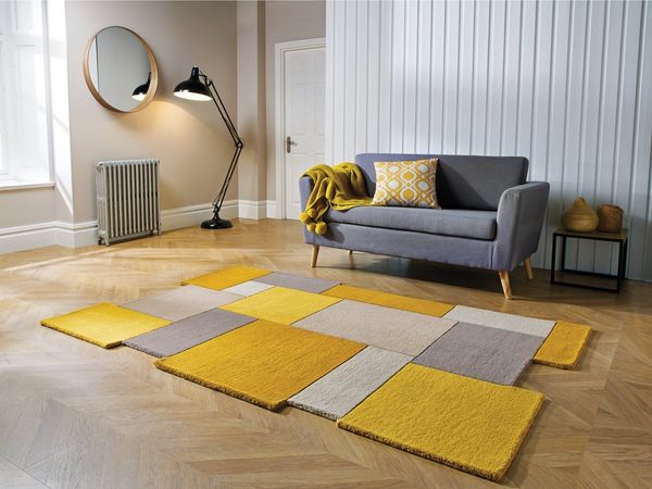 FLAIR RUGS Wollteppich Abstract Collage, 100% Wolle, rechteckig, Höhe: 11 mm, Karo Design, Patchwork, modern, mehrfarbig, Wohnzimmer, Schlafzimmer