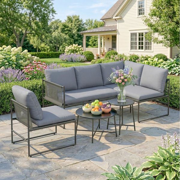 Outsunny Sitzgruppe mit 2 Sitzer Gartensofa, 2 Couchtisch, Stuhl, Kissen, Seitentasche, (Gartenlounge Set, 5-tlg, Lounge Gartenmöbel Set), Dunkelgrau