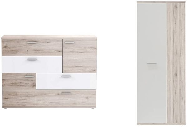 Forte Skive Kommode mit 2 Türen und 4 Schubkästen, Holzwerkstoff, Sandeiche/Weiß, 124. 9x41. 3x95. 9 cm & Net106 Mehrzweckschrank mit 2 Türen, Sandeiche + Weiß, 68. 90x34. 79x179. 1 cm