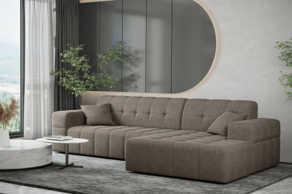 Ecksofa Designersofa NANCY in Stoff Neve Taupe Ottomane Rechts