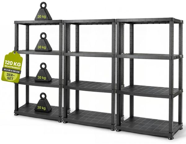 Kreher® Kunststoffregal „Neo“ mit 4 Böden - Steckregal für Haushalt, Keller & Garage - Standregal, Lagerregal & Aufbewahrungsregal - Schwarz oder Grau - Set auswählbar (Schwarz, 3)