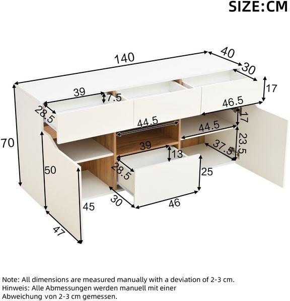 Merax 140cm Wohnzimmeranrichte, Sideboards Mit 4 Schubladen, Schrank mit zwei Fächern, Kommode, vielseitig einsetzbar, Hochglanz-Sofa-Beistellschrank mit LED-Beleuchtung, Weiß + Holzfarbe Bild 4