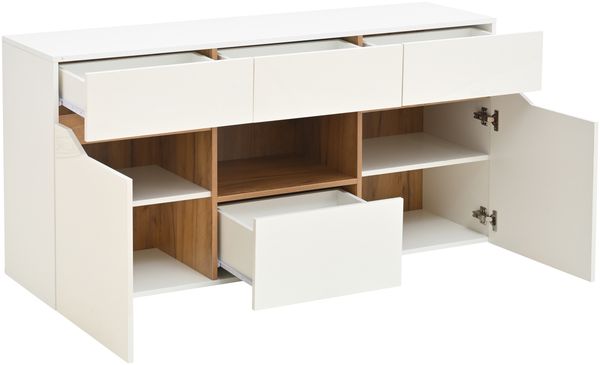 Merax 140cm Wohnzimmeranrichte, Sideboards Mit 4 Schubladen, Schrank mit zwei Fächern, Kommode, vielseitig einsetzbar, Hochglanz-Sofa-Beistellschrank mit LED-Beleuchtung, Weiß + Holzfarbe Bild 8