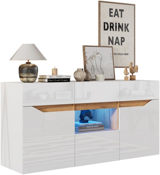 Merax 140cm Wohnzimmeranrichte, Sideboards Mit 4 Schubladen, Schrank mit zwei Fächern, Kommode, vielseitig einsetzbar, Hochglanz-Sofa-Beistellschrank mit LED-Beleuchtung, Weiß + Holzfarbe Bild 10