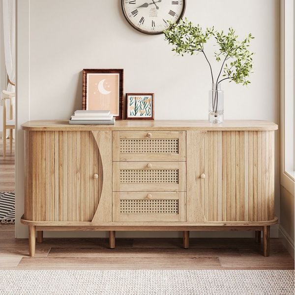 Merax Sideboard in Holzoptik mit Rattanschubladen (Anrichte Buffetschrank 140,5x40x76cm, 1 St, für Wohnzimmer, Esszimmer und Flur), Kommode mit Schiebetüren, abgerundeter Platte & großem Stauraum