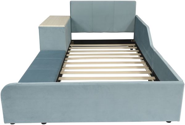 Polsterbett, Einzelbett mit Kinderschreibtisch und Hocker, Mit Ablageboden, Weiches Kopfteil, Kinderbett mit Holzlatten, Samt, Blau, 90x200cm Bild 9