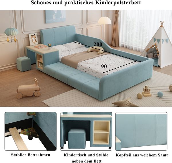 Polsterbett, Einzelbett mit Kinderschreibtisch und Hocker, Mit Ablageboden, Weiches Kopfteil, Kinderbett mit Holzlatten, Samt, Blau, 90x200cm Bild 5
