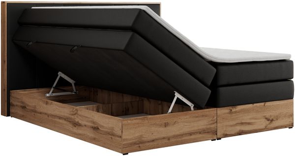 Boxspringbett, Doppelbett mit zwei 7 Härtezonen Multipocket-Matratzen, Bettkästen, Eiche Wotan Holzrahmen, Polsterbett mit Topper-Matratze - ALBERO 1 KING - 140 x 200 cm - Schwarz Kunstleder - H3 Bild 5