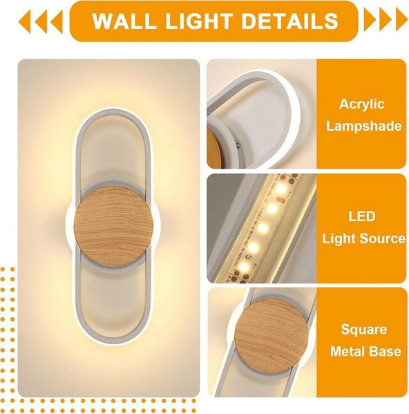 Riserva Wandleuchte Moderne Ovale Wandlampe Weiß/Holz, 41cm, 21W Warmweiß, LED