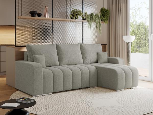 Universelles Ecksofa in Streifen genäht mit Schlaffunktion und Bettkasten, modern Stil - KIRASSO - Hellgrau Boucle