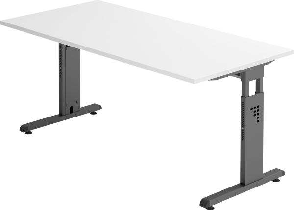 bümö höhenverstellbarer Schreibtisch O-Serie 160x80 cm in weiß, Gestell in Graphit - PC Tisch für's Büro manuell höhenverstellbar, Computertisch verstellbar, OS-16-W-G