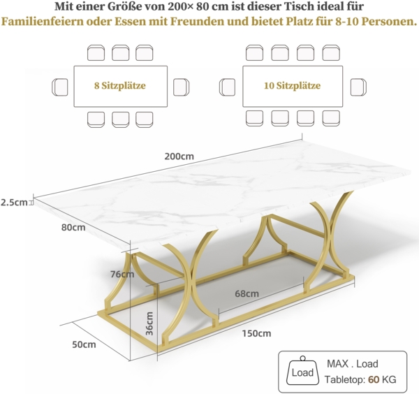 Merax Esstisch 200×80cm, für 8–10 Personen, Marmoroptik, 2,5cm dicke Tischplatte, wasserfest und kratzfest, goldfarbene Metallbeine mit verstellbaren Gleitern Bild 4