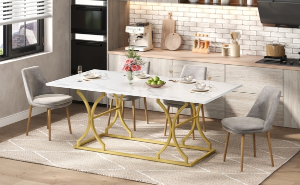 Merax Esstisch 200×80cm, für 8–10 Personen, Marmoroptik, 2,5cm dicke Tischplatte, wasserfest und kratzfest, goldfarbene Metallbeine mit verstellbaren Gleitern Bild 6