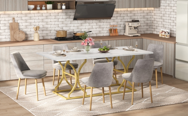 Merax Esstisch 200×80cm, für 8–10 Personen, Marmoroptik, 2,5cm dicke Tischplatte, wasserfest und kratzfest, goldfarbene Metallbeine mit verstellbaren Gleitern Bild 8