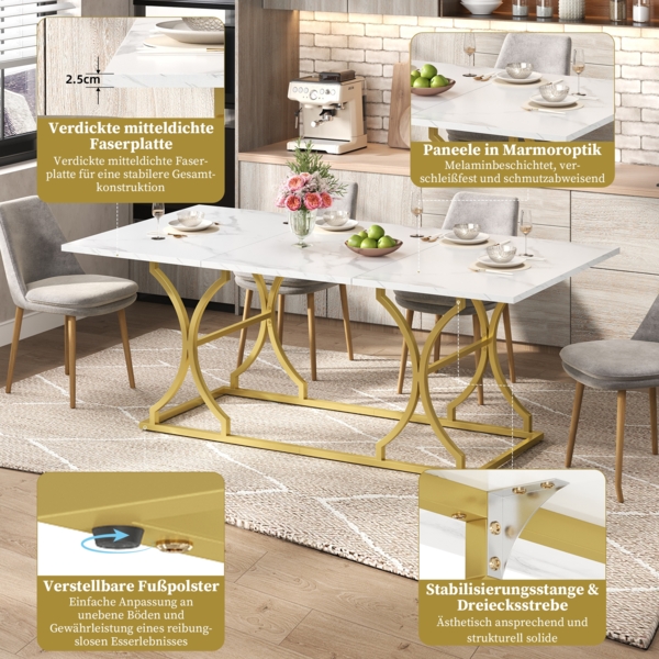 Merax Esstisch 200×80cm, für 8–10 Personen, Marmoroptik, 2,5cm dicke Tischplatte, wasserfest und kratzfest, goldfarbene Metallbeine mit verstellbaren Gleitern Bild 3