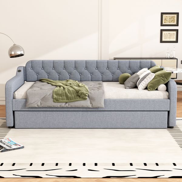 Polsterbett 90x200 cm mit Ausziehbett und USB-Anschluss – Leinenstoff, platzsparendes Schlafsofa