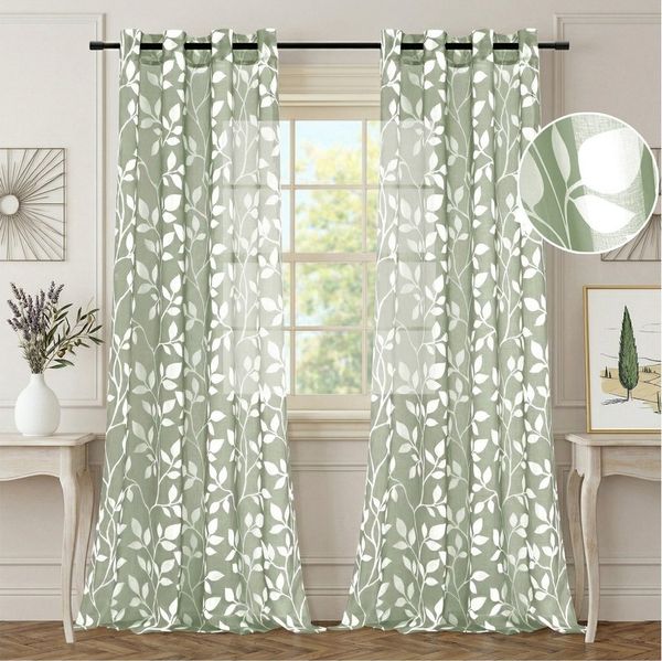 Rosnek Gardine Sage Green Leaf Voile Vorhänge Transparente Digitaldruck Gardinen (2 St), 2er Set Leicht & Weich, dekorativ für Zuhause Schlafzimmer