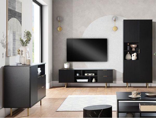 Lomadox Wohnzimmer-Set NADOR-132, (Mega-Spar-Set, 3-St, 3-tlg), in matt schwarz, goldfarbene Metallgriffe und -füße