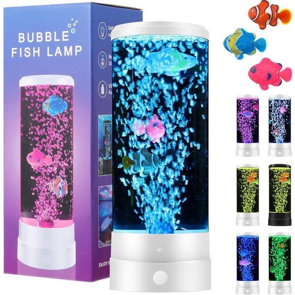 QUBEBU LED Nachtlicht LED Tischleuchte Wassersäule mit Deko Fisch, Dekoleuchte, Farbwechsel, LED fest integriert, 16 Farben und 4 Modi, Quallen Aquarium Lampe, Nachtlicht für Haus Schlafzimmer Büro Dekoration, Kinder Geschenke