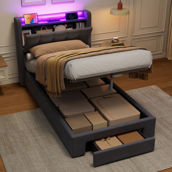 MODFU Polsterbett mit LED, USB und Bettkasten, Samtbezug, Grau, 90x200 cm