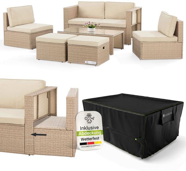 Juskys Polyrattan Gartenmöbel Set Salou inkl. Abdeckung - Outdoor Lounge wetterfest 6 Personen - Sitzecke mit Tisch & Kissen für Garten, Balkon, Terrasse - Creme