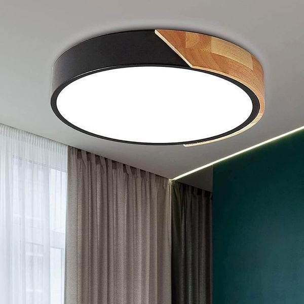 Moderne LED-Deckenleuchte 24W 6500K Schwarze runde Holz-Deckenleuchte für Schlafzimmer, Esszimmer, Küche - Weißes Licht - Durchmesser