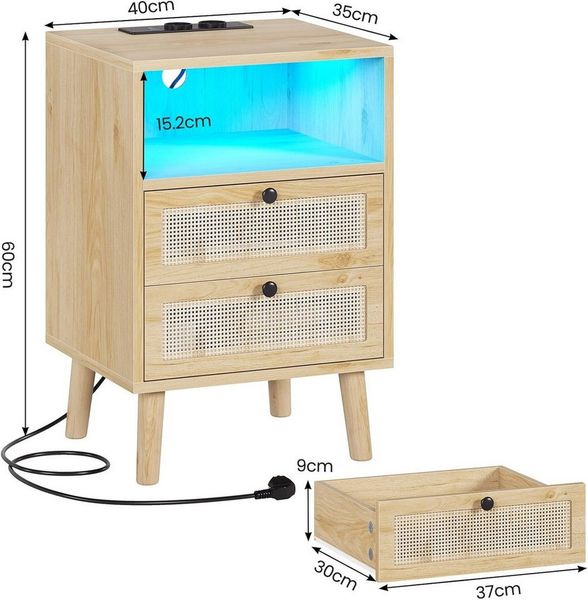 MSMASK Nachttisch Rattan, Naturfarben mit 2 Schubladen, 40x35x60cm (1-St), mit USB-Ladestation & LED-Beleuchtung