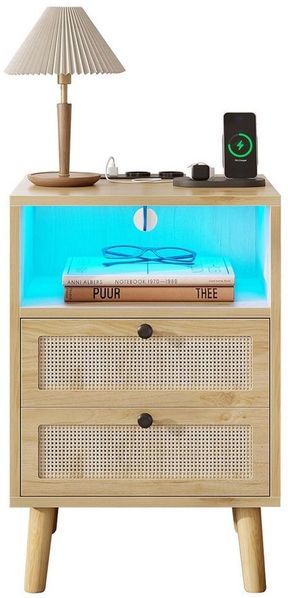 MSMASK Nachttisch Rattan, Naturfarben mit 2 Schubladen, 40x35x60cm (1-St), mit USB-Ladestation & LED-Beleuchtung