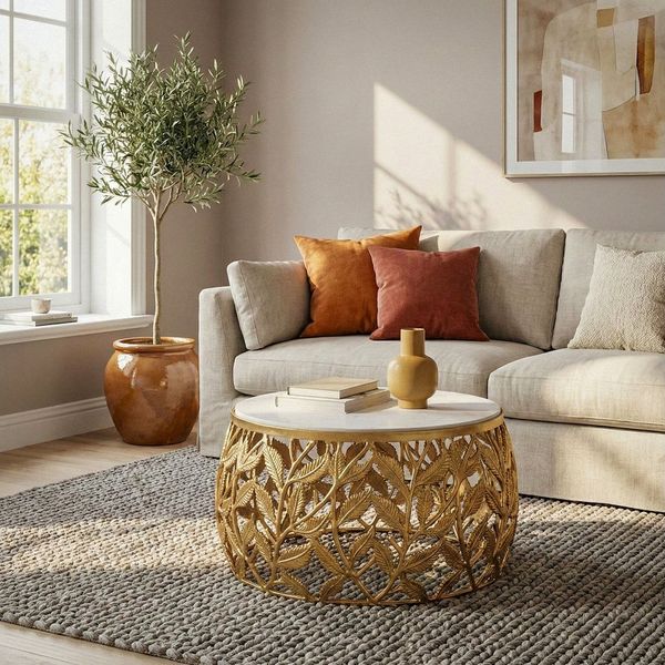 FINEBUY Couchtisch FB73715 60cm Gold Marmor Sofatisch Beistelltisch Wohnzimmertisch Alu (Natürliche Materialien treffen auf modernes Design), Runder Tisch mit stilvoller und stabiler Bauweise