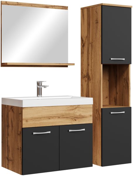Badplaats Badmöbel Komplettset Montreal 60 x 35 cm Eiche mit Schwarz Matt - Badezimmermöbel mit Waschbecken, Spiegel und Badezimmerschrank