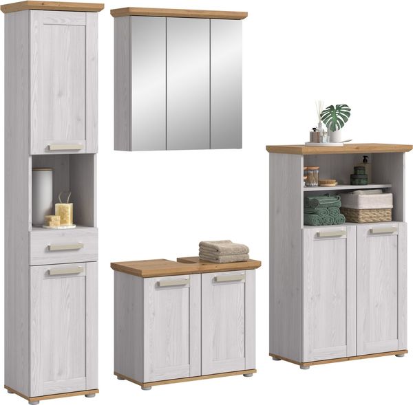 welltime Badmöbel-Set COSENZA, 4-teilig, in Landhausoptik, mit farblich abgesetztem Kranz, (4-St, best. aus: 1 Hochschrank, 1 Spiegelschrank, 1 WBU und 1 Midischrank), Bad-Kombination, Badezimmer, Kombi, Bad, Bad-Möbel