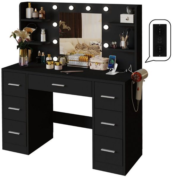 Furnicopia Schminktisch Mit einstellbarer LED-Beleuchtung, 7 Schubladen und 4 Fächern (Große Größe: 110 × 40 × 137 cm, mit 1 USB-Anschluss, 1 Typ-C-Ladeanschluss, 2 Netzsteckdosen und 1 Föhnhalterung. Erhältlich in Weiß oder Schwarz-ostern geschenke)