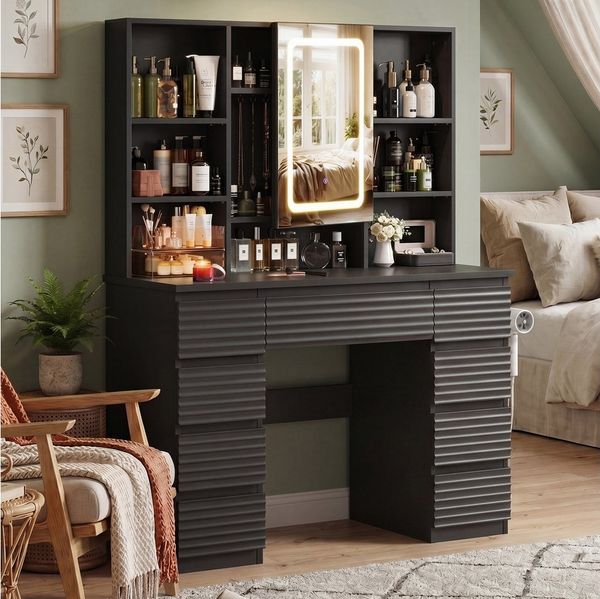 HOMALL Schminktisch Mit Spiegel und LED-Beleuchtung, mit Steckdose (Kombination aus 9 Schubladen, 7 offenen Fächern und Stauraum hinter dem Spiegel, Maße: 108 × 40 × 146 cm, mit 2 Steckdosen, 1 USB-Anschluss und 1 Typ-C-Anschluss, Föhnhalterung)