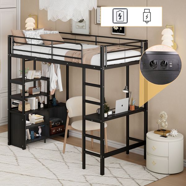 Hochbett, 90*200cm , Ohne Matratze, Bett mit Schreibtisch, Mit Steckdose und USB, Mehrere Regale, Offener Lagerschrank, Geländer, Leiter, Eisenrahmen, Schwarz