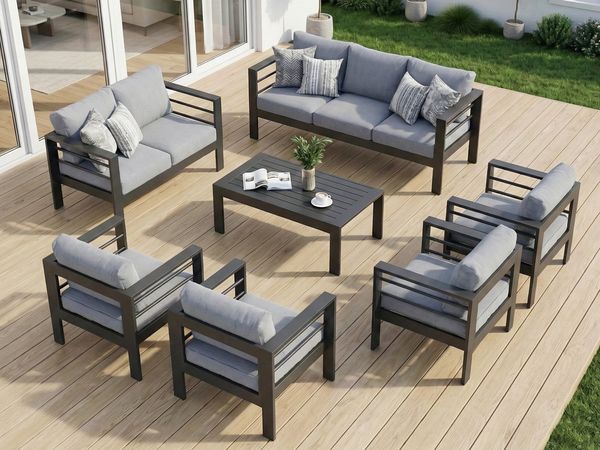 MeXo Gartenlounge-Set Terrassenmöbel Set 8-10 Personen Aluminium outdoor wetterfest, (Belastbarkeit pro Sitzplatz 140kg, 7-tlg, 12cm Deluxe Relax-Sitzkissen), Gartenmöbel Set für Außenbereich, Terrasse, Balkon und Garten