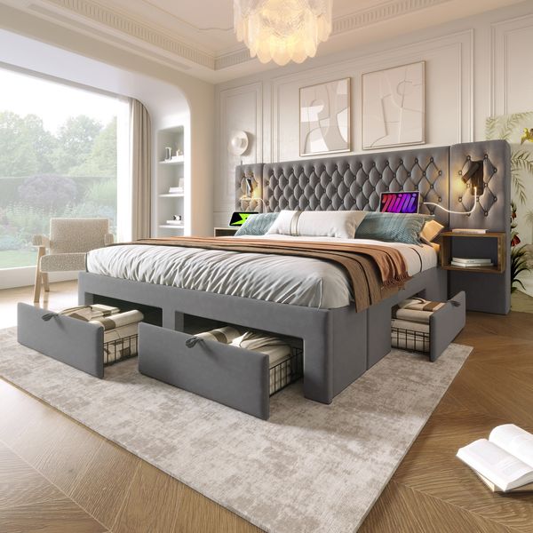 Polsterbett 160x200 cm mit 4 Schubladen, 2 Nachttischen, LED-Leselampen & USB/Type-C Ladeanschluss,Grau,inklusive Matratze